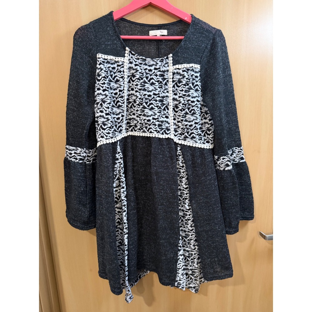 Ryu Charcoal Grey Knit Lace Tunic Dress Bell Sleeve Pom Pom Trim Small
